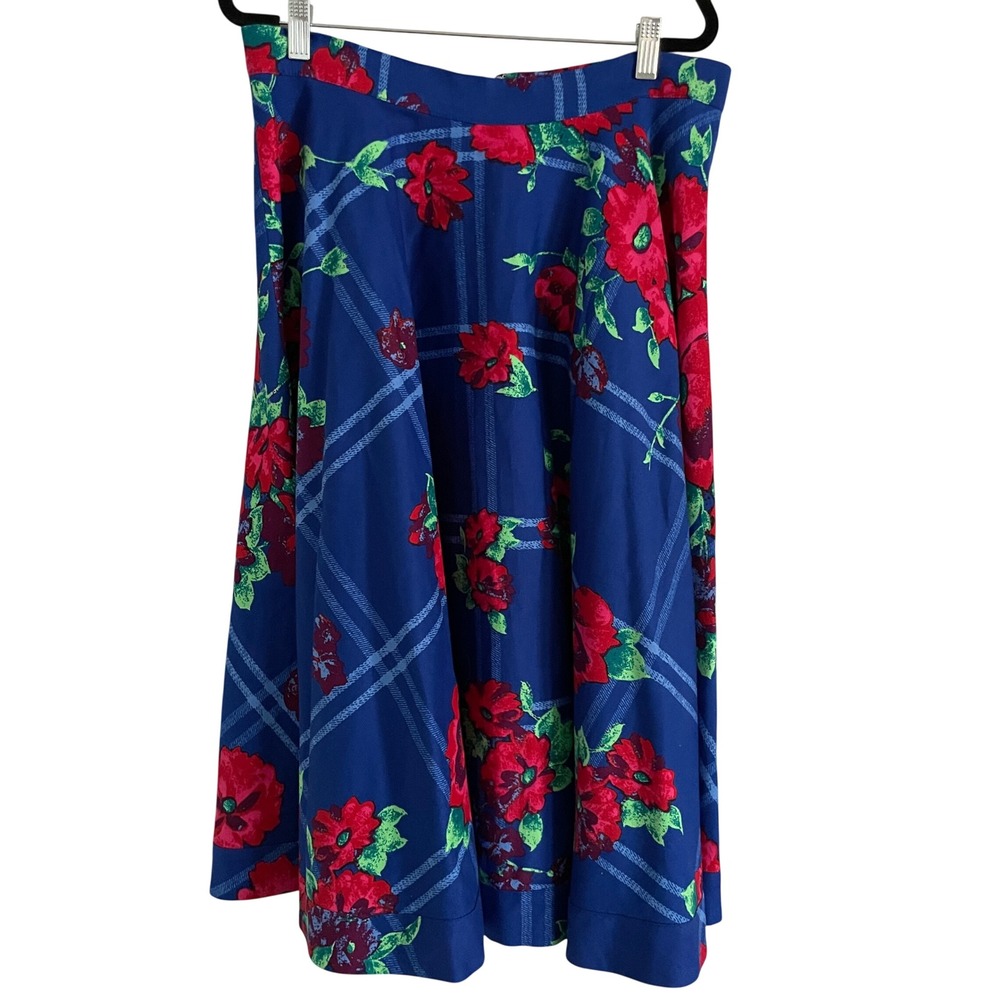 Plenty by Tracy Reese Full Circle Skirt Blue Red Windowpane Floral Midi 12 ‎ NWT